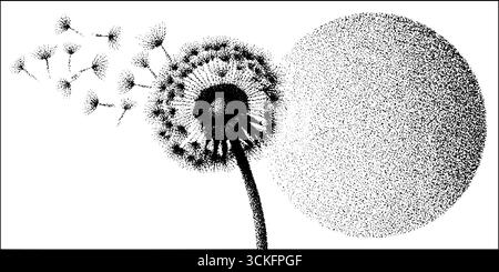 Illustration pointillée d'un pissenlit avec graines flottantes et effet soleil. Illustration de Vecteur
