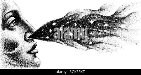 Tête surréaliste avec éléments cosmiques en pointillés pour un design créatif. Illustration de Vecteur