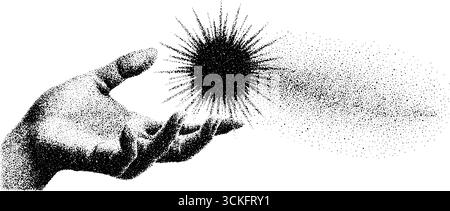 Art surréaliste en pointillés de la main tenant la sphère radiante pour un design créatif. Illustration de Vecteur