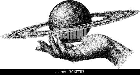 Main surréaliste tenant la planète avec des anneaux dans l'art pointillé pour tatouage ou conception. Illustration de Vecteur