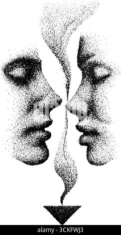 Art pointillé de dotwork de deux visages avec un design symétrique pour tatouage ou impression. Illustration de Vecteur