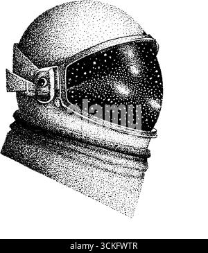 Stipple art d'un casque d'astronaute dans l'espace : illustration dotwork pour les projets de conception. Illustration de Vecteur