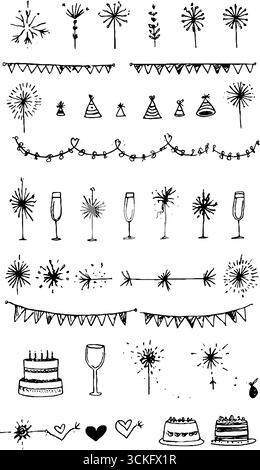 Éléments de célébration festifs avec des feux d'artifice dessinés à la main, des confettis et des icônes de fête. Illustration de Vecteur