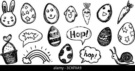Collection fantaisiste d'oeufs de pâques et de lapin doodle pour un décor et un design festifs. Illustration de Vecteur