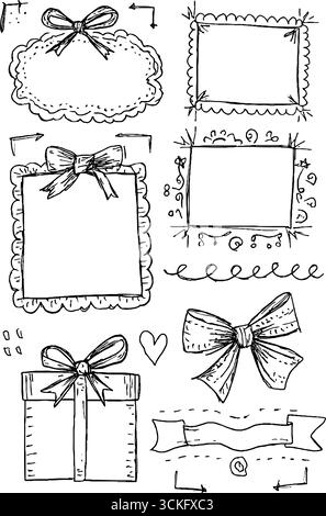 Cadres de dentelle décoratifs dessinés à la main et collection de noeuds pour des conceptions créatives. Illustration de Vecteur