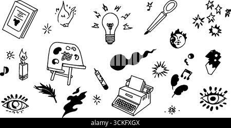 Outils artistiques créatifs dessinés à la main et collection de symboles pour l'inspiration du design. Illustration de Vecteur