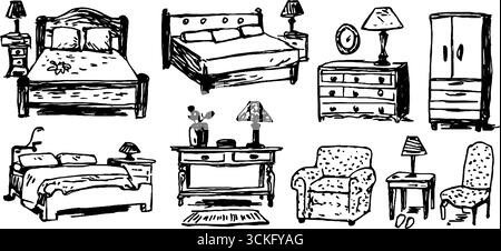 Lits décoratifs dessinés à la main et collection de meubles pour le design d'intérieur. Illustration de Vecteur