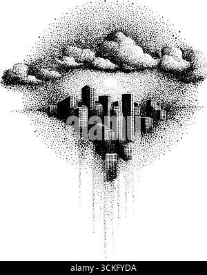 Paysage urbain moderne en pointillés et en pointillés avec des nuages flottants - conception verticale pour les tirages d'art. Illustration de Vecteur