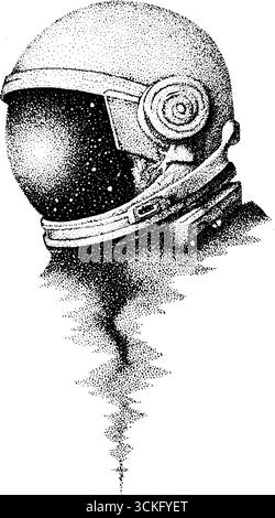 Illustration détaillée en pointillés d'un casque d'astronaute flottant dans l'espace. Illustration de Vecteur