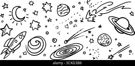 Exploration céleste gribouille : des lunes, des planètes et des étoiles dessinées à la main pour un design créatif. Illustration de Vecteur