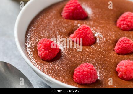 Porridge de Farina au chocolat crémeux pour le petit déjeuner avec des framboises Banque D'Images