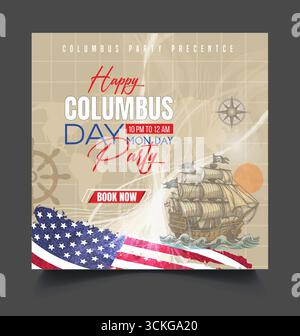 Modèle de publication de médias sociaux de fête de bonne fête de columbus avec drapeau des états-unis, océan et bateau Illustration de Vecteur