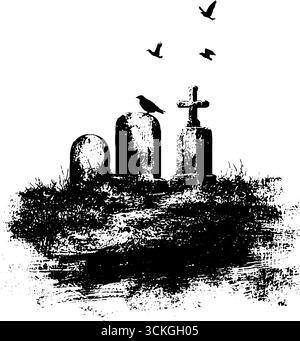 Scène de cimetière noir et blanc grunge étrange avec pierres tombales et silhouette d'oiseaux. Illustration de Vecteur