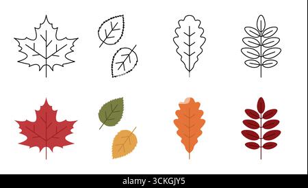 Ensemble d'icônes de feuilles d'automne. Feuilles d'automne isolées sur fond blanc. Icônes définies dans un style de ligne tendance. Illustration vectorielle. Illustration de Vecteur