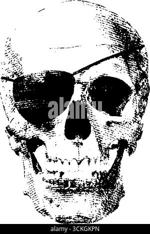 Crâne de pirate grunge avec cache-oeil en noir et blanc pour la conception d'affiche. Illustration de Vecteur