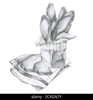 Pain baguette dans le paquet sur l'illustration de serviette à carreaux blanche. Clipart de produit de boulangerie frais dessiné à la main, graphiques au crayon dessinés à la main pour l'emballage, mur Banque D'Images