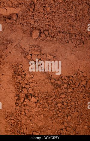 Texture détaillée en gros plan de sol rouge foncé et brun, illustrant une surface sèche et fissurée. Banque D'Images