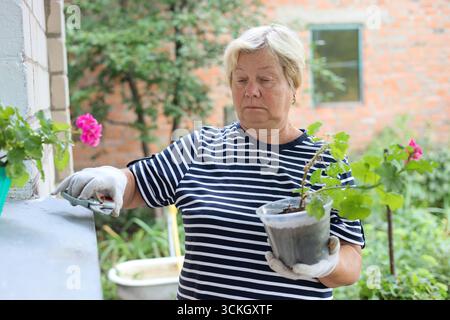 Portrait de femme âgée heureuse jardinage. Elle taille des fleurs. Banque D'Images