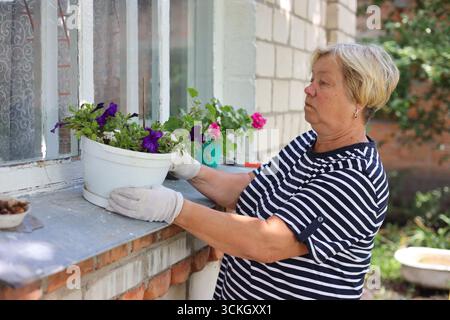 Portrait de femme âgée heureuse jardinage. Elle taille des fleurs. Banque D'Images