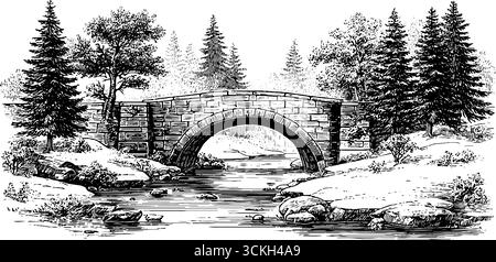 Gravure vintage en noir et blanc d'un pont en pierre voûté sur une rivière sereine dans un paysage forestier. Illustration de Vecteur