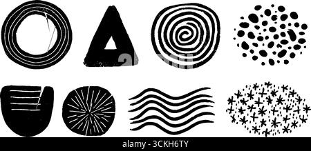 Collection abstraite de formes linocut avec des cercles, des triangles, des carrés et des motifs texturés pour le design. Illustration de Vecteur