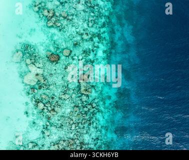 Vue aérienne du lagon turquoise vibrant avec des coraux rencontrant la mer bleu profond, un contraste saisissant de couleurs et de textures, Maalhos, atoll de Baa, Maldives. Banque D'Images