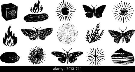 Éléments de transformation alchimique avec des papillons et des symboles célestes pour le design artistique. Illustration de Vecteur
