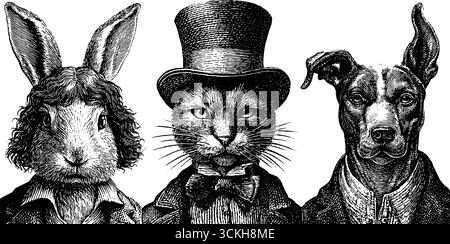 Portraits d'animaux victoriens : lapin, chat et chien en tenue formelle. Illustration de Vecteur