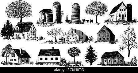 Motif rustique de linogravure de ferme avec des granges et des silos pour la conception de cartes et d'affiches. Illustration de Vecteur