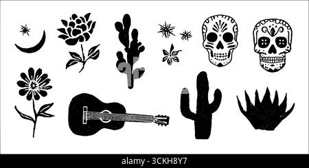 Motif linocut inspiré de Fiesta avec des crânes, des cactus et des éléments floraux pour le design artistique. Illustration de Vecteur
