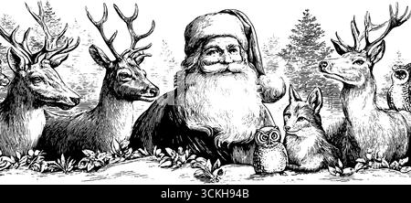 Vintage noël santa avec renne, renard et hibou illustration pour les cartes de vacances. Illustration de Vecteur
