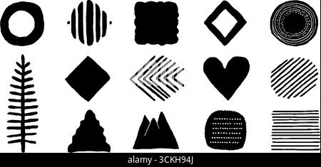 Ensemble d'ornement linocut géométrique avec des cercles et des carrés pour le design et la décoration. Illustration de Vecteur