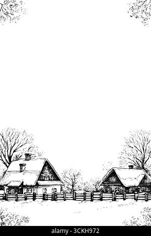 Scène hivernale de campagne vintage avec de charmants chalets et des arbres enneigés. Illustration de Vecteur