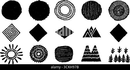 Collection de linogravure géométrique rustique : cercles, triangles et carrés pour le design artistique. Illustration de Vecteur