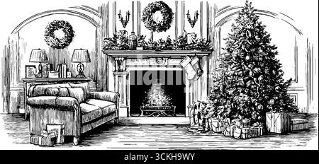 Scène de salon de noël vintage avec cheminée festive et décorations de vacances. Illustration de Vecteur
