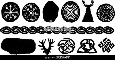 Collection de symboles nordiques avec roue solaire et conception en spirale pour un décor scandinave. Illustration de Vecteur