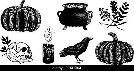 Collection de linogravure Samhain : citrouille sculptée, chaudron, corbeau et crâne art pour le décor d'halloween. Illustration de Vecteur