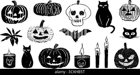 Collection d'icônes linocut d'Halloween avec citrouilles, chauves-souris, chats et crânes pour un design festif. Illustration de Vecteur