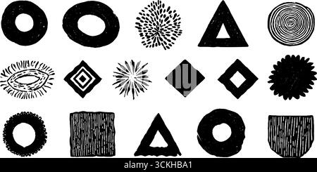 Formes géométriques linocut avec cercles, triangles et carrés pour un design créatif. Illustration de Vecteur