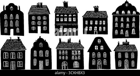 Motif sans couture de paysage urbain linocut avec de charmants toits et fenêtres pour des projets de conception créatifs. Illustration de Vecteur