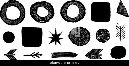 Collection minimaliste de formes linocut : cercles, carrés et triangles pour un design créatif. Illustration de Vecteur