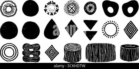 Figurines abstraites de linogravure et collection de cercles géométriques pour le design artistique. Illustration de Vecteur