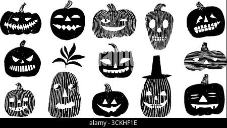 Masques effrayants d'Halloween avec des visages de citrouille et de crâne pour un design créatif. Illustration de Vecteur