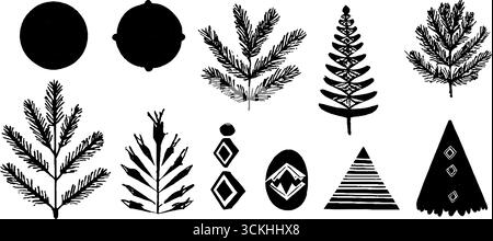 Collection d'ornements linocut géométriques avec cercles et carrés pour un design créatif. Illustration de Vecteur