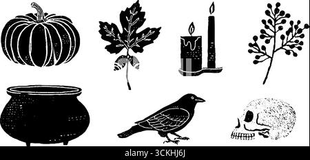 Ensemble de célébration Samhain avec citrouille sculptée, chaudron et silhouettes de corbeau pour la décoration saisonnière. Illustration de Vecteur