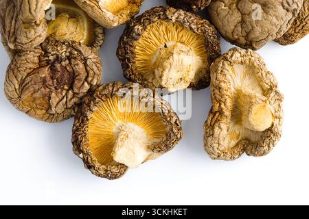 Cette vue détaillée de champignons shiitake séchés sur blanc met en valeur leurs textures robustes et leurs tons chauds et terreux, reflétant la beauté authentique de th Banque D'Images
