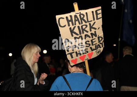 Sydney, Nouvelle-Galles du Sud, Australie. 12 septembre 2025. Turning point Australia a organisé une veillée à Hyde Park suite à l'assassinat de Charlie Kirk. Crédit : Richard Milnes/Alamy Live News Banque D'Images