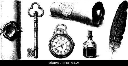 Collection d'éléments de conception de gravure vintage avec des clés anciennes, des rouleaux et des couronnes. Illustration de Vecteur