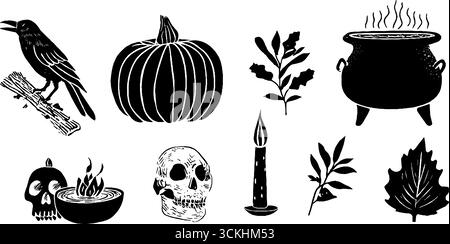 Collection de linogravure Samhain : citrouille sculptée, chaudron et corbeau éléments pour un design saisonnier. Illustration de Vecteur