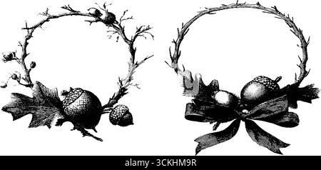 Collection vintage d'éléments de conception de gravure dessinés à la main de couronnes avec glands pour la décoration. Illustration de Vecteur